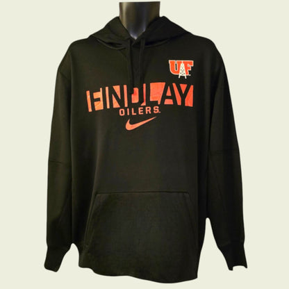 Black hoodie with orange text and Nike logo on a beige background