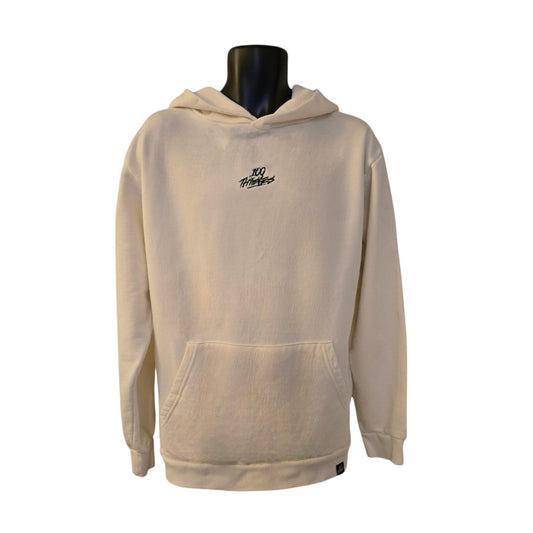 White hoodie with a logo on a mannequin against a white background