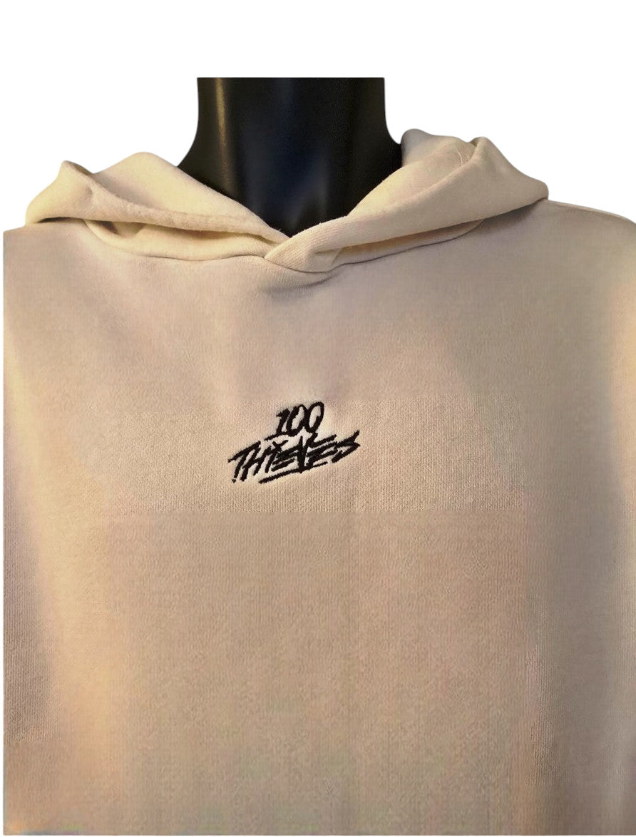 White hoodie with '100 Thieves' logo on a mannequin against a white background