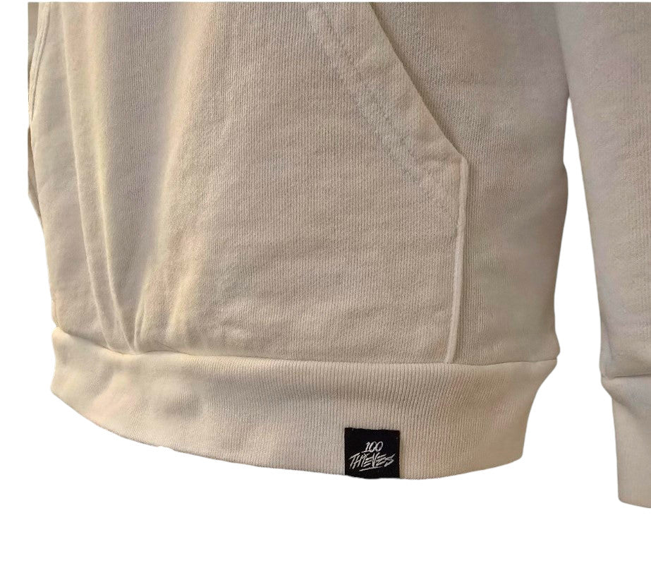 White sweatshirt with a brand logo on a white background
