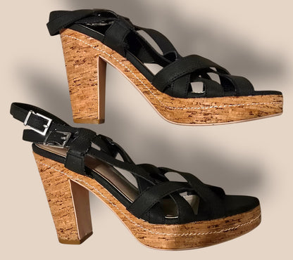 Carvela Black Criss Cross Cork Block Heel Sandals UK 7 EU 40 Timeless Fashions