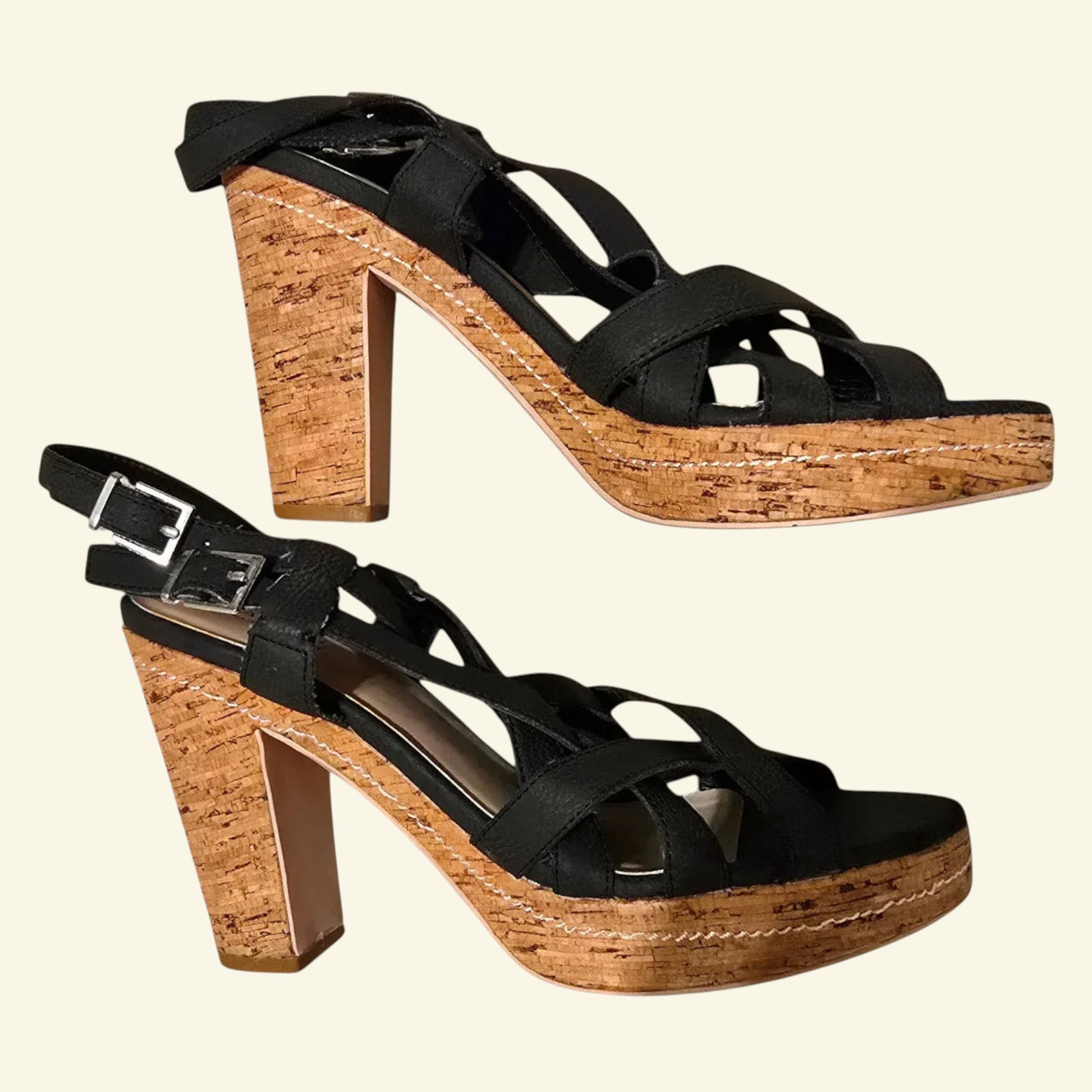 Carvela Black Criss Cross Cork Block Heel Sandals UK 7 EU 40 - Timelessfashions