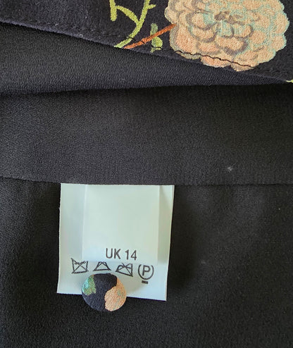 Caroline Charles Vintage Black Floral Midi Silk Skirt UK 14 EU 10 US 42 Timeless Fashions