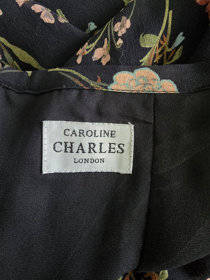 Caroline Charles Vintage Black Floral Midi Silk Skirt UK 14 EU 10 US 42 Timeless Fashions