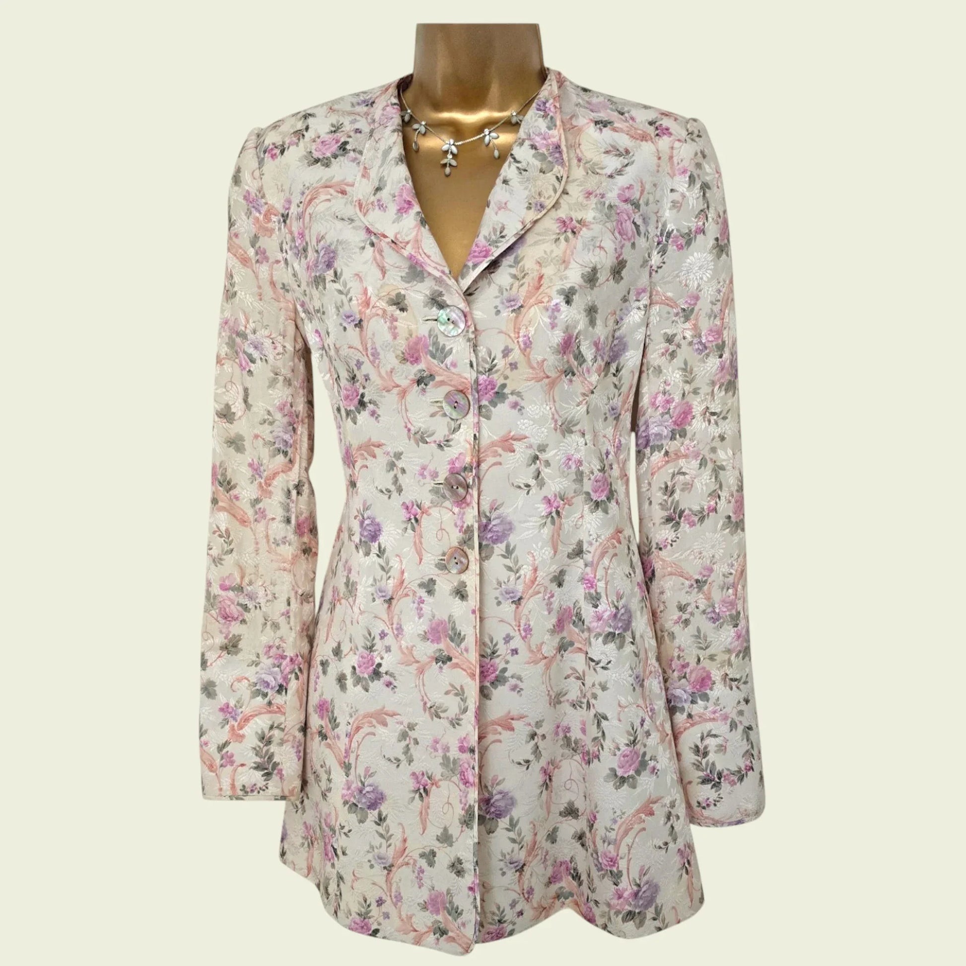 Caroline Charles White Floral Longline Jacket UK 8 US 4 EU 34 - Timelessfashions