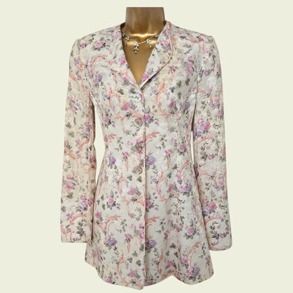 Caroline Charles White Floral Longline Jacket UK 8 US 4 EU 34 - Timelessfashions