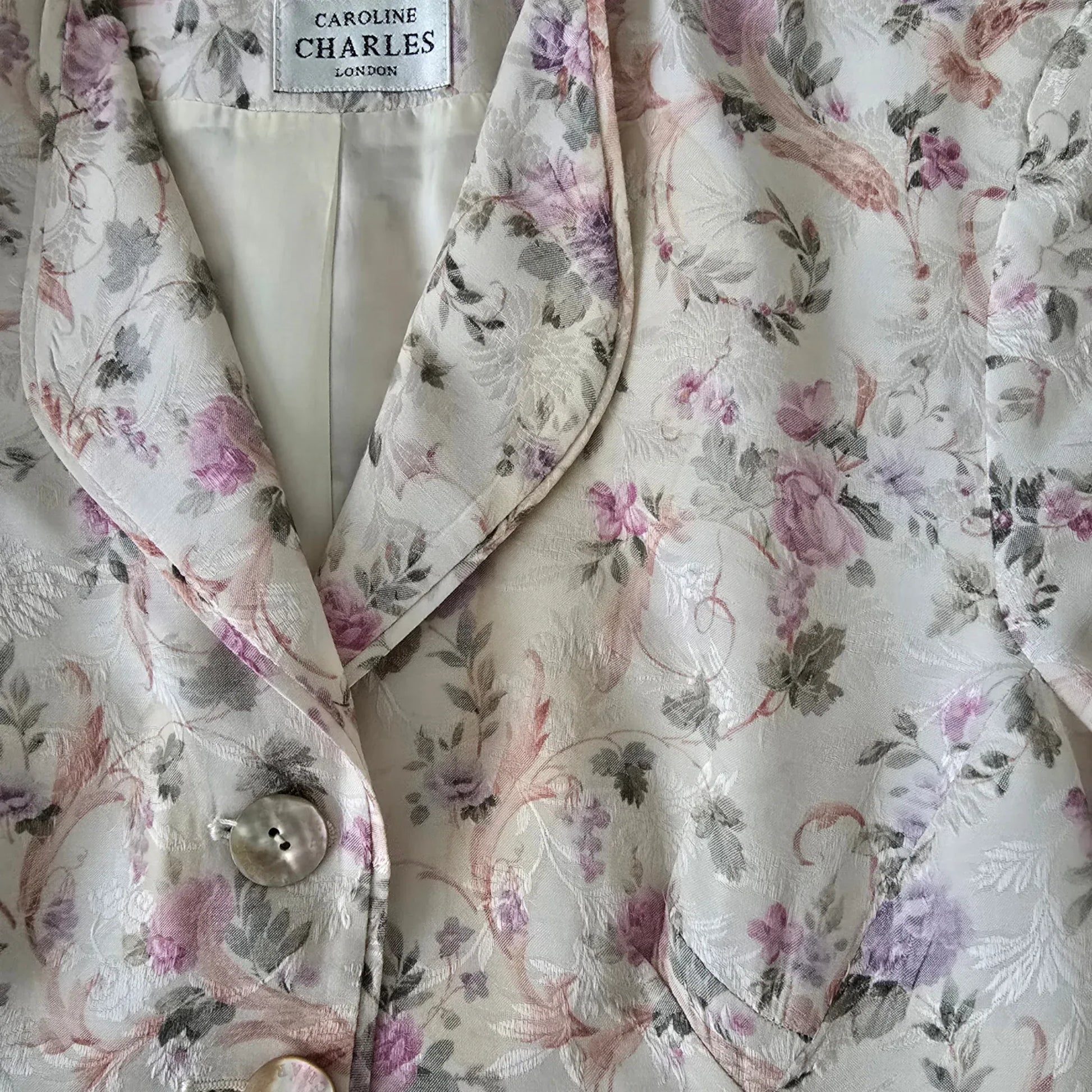 Caroline Charles White Floral Longline Jacket UK 8 US 4 EU 34 - Timelessfashions