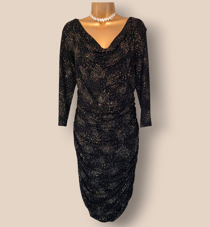 Damsel In A Dress Black And Gold Ruched Bodycon Dress UK 14 US 10 EU 42 Timeless Fashions