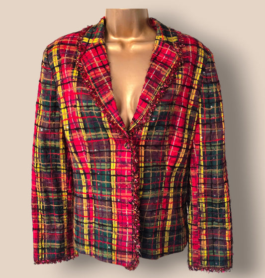 Caroline Charles Gibson Tartan Silk Jacket UK 16 US 10 EU 44 Timeless Fashions