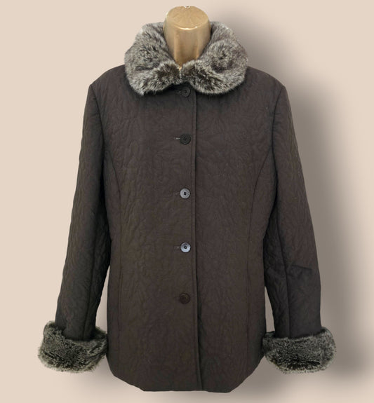 Caroline Charles Brown Quilted Fur Trimmed Coat UK 14 US 10 EU 42 Timeless Fashions