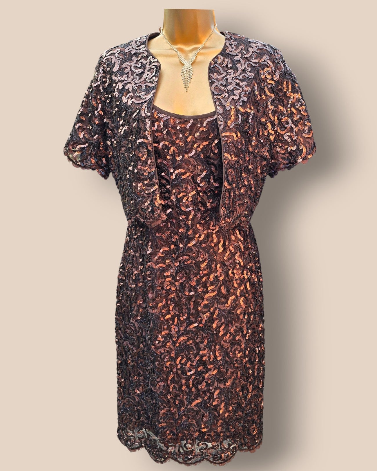 Caroline Charles Vintage Brown Sequinned Dress And Bolero UK 10 US 6 EU 36 Timeless Fashions