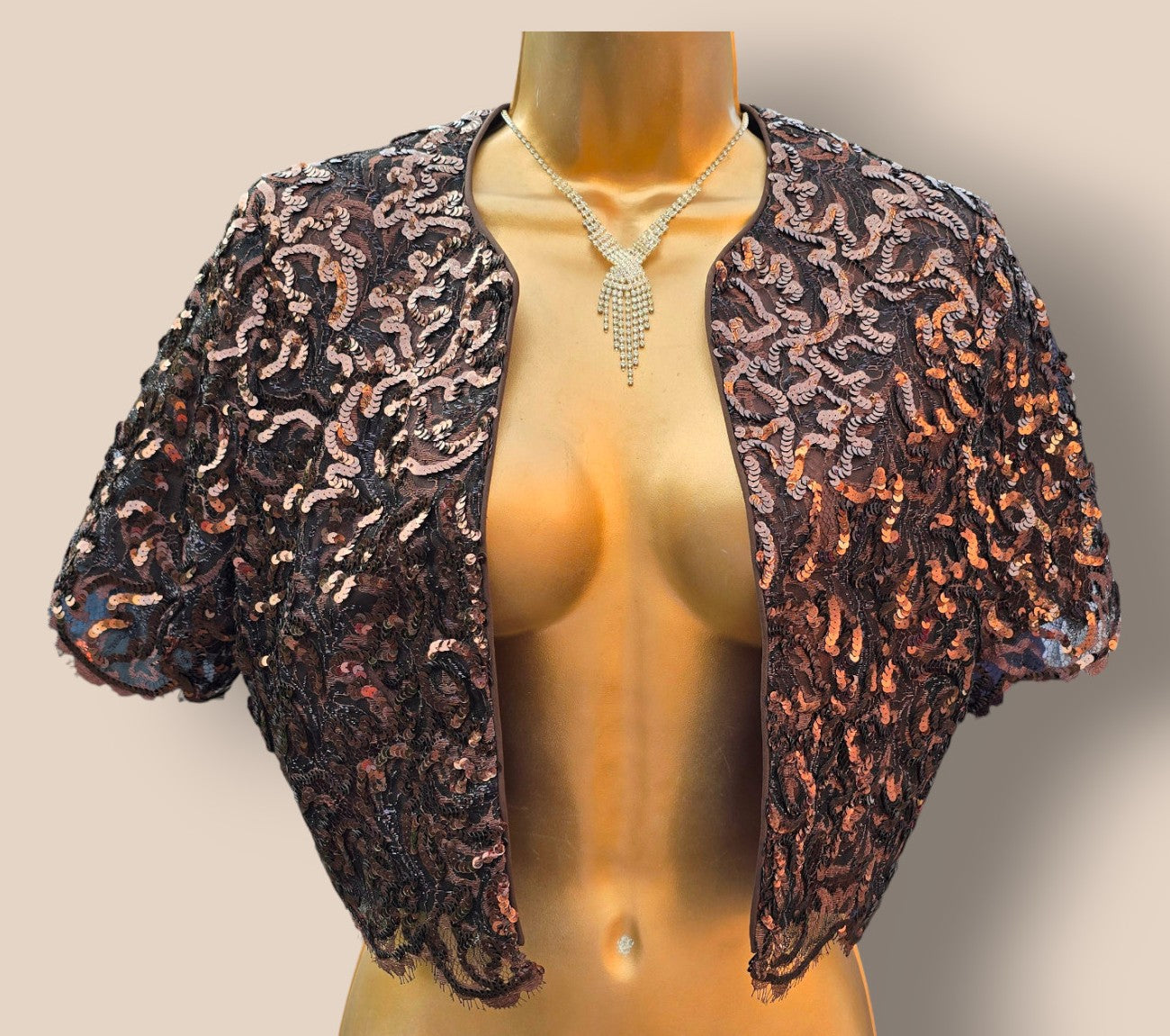 Caroline Charles Vintage Brown Sequinned Dress And Bolero UK 10 US 6 EU 36 Timeless Fashions