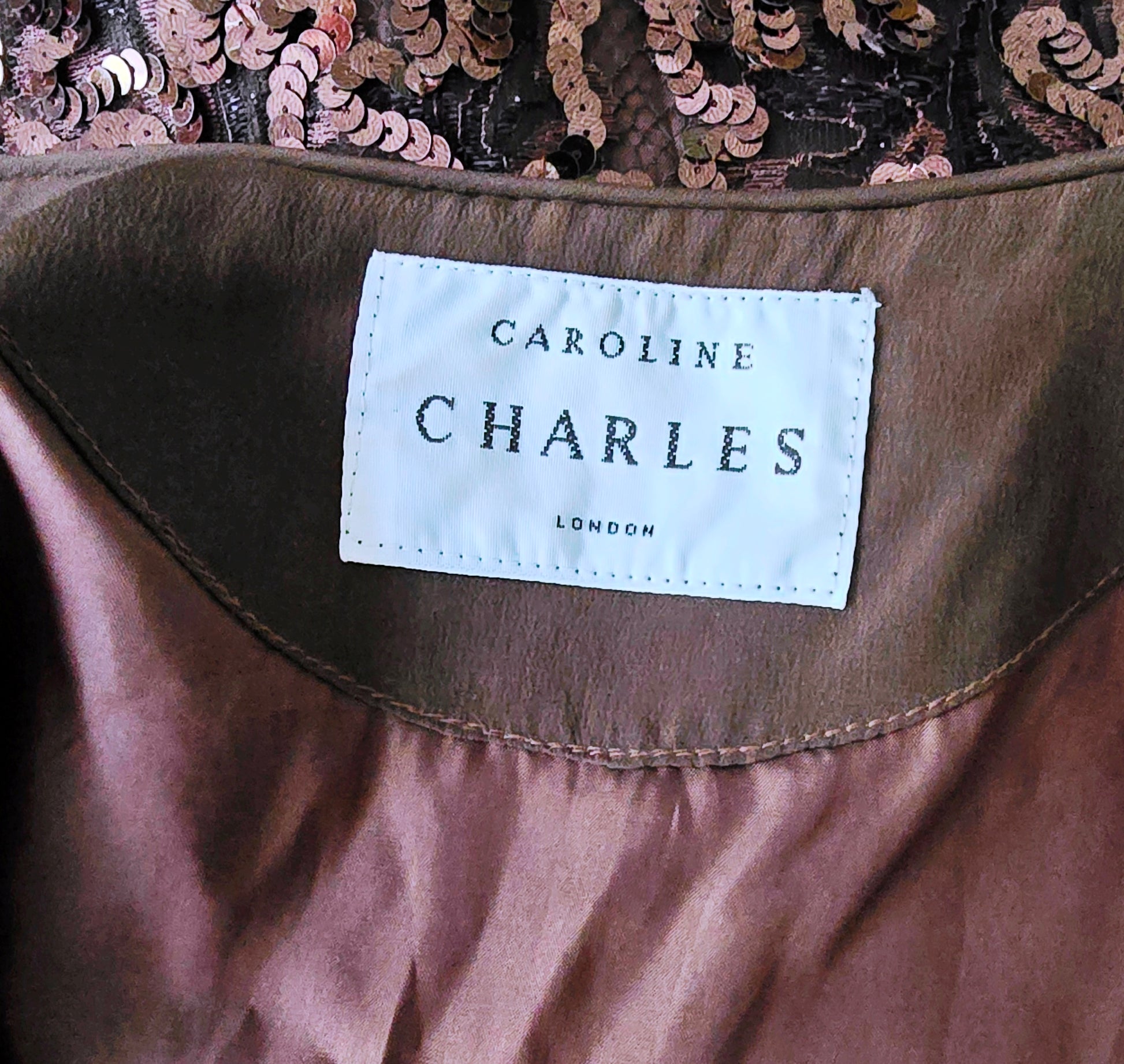Caroline Charles Vintage Brown Sequinned Dress And Bolero UK 10 US 6 EU 36 Timeless Fashions