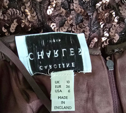 Caroline Charles Vintage Brown Sequinned Dress And Bolero UK 10 US 6 EU 36 Timeless Fashions