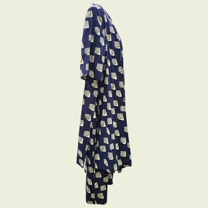 Navy blue dress with geometric pattern on a beige background