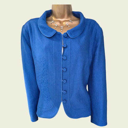 Blue jacket on a mannequin with a plain background