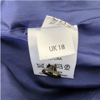 Clothing label with size 'UK 18' on a blue fabric background