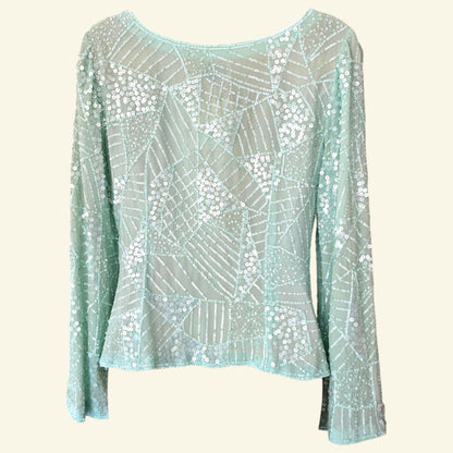 Mint green sequin top on a white background