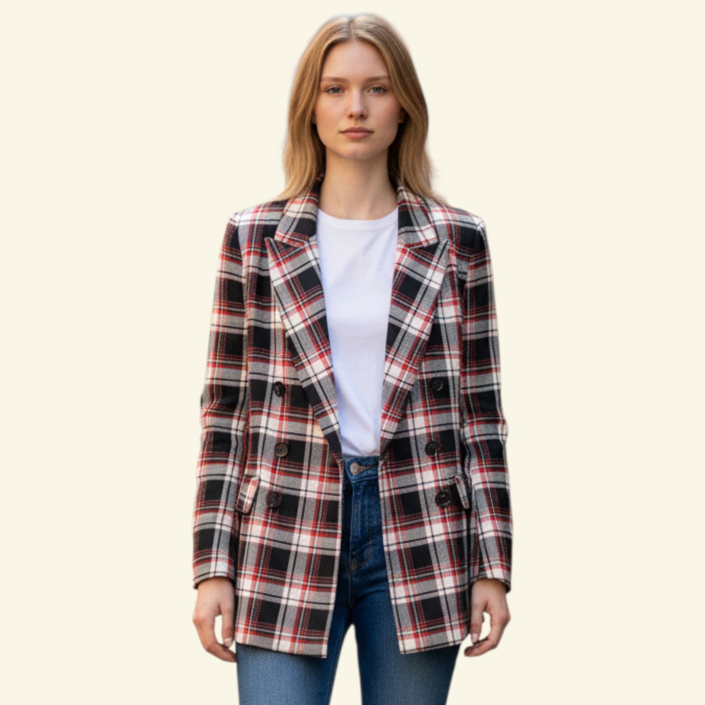 Woman wearing a plaid blazer over a white shirt and jeans on a beige background