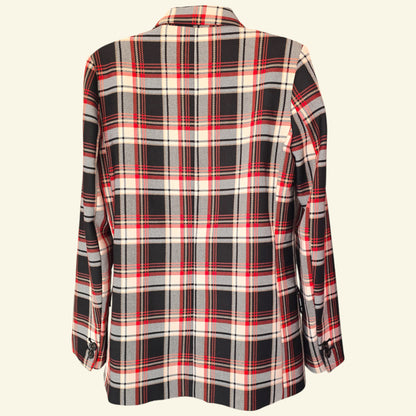 Plaid jacket with red, black, and white pattern on a beige background