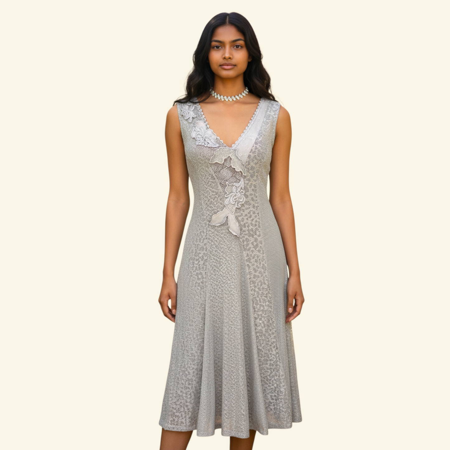 Model wearing a beige dress with lace detail on a white background