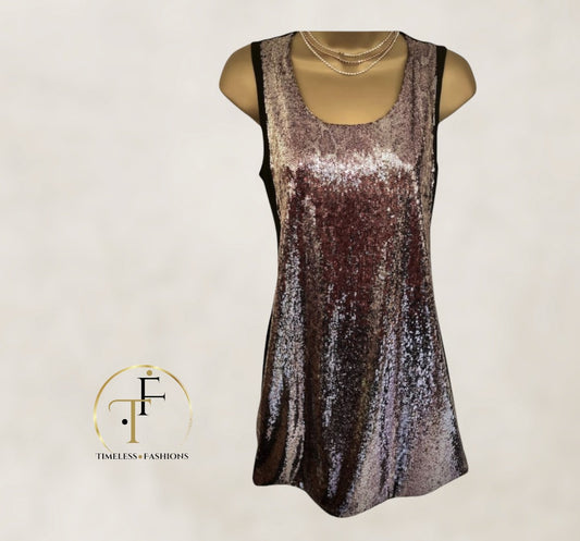 Calvin Klein Rose Gold Sequin Layer Stretch Shift Dress Size S UK 8 US 4 EU 36 Timeless Fashions