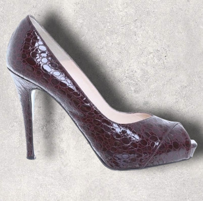 L.K. Bennett Snakeskin Burgundy Leather Peep Toe Court Shoes UK 7 US 9.5 EU 41 Timeless Fashions