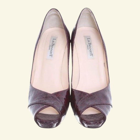 L.K. Bennett Snakeskin Burgundy Leather Peep Toe Court Shoes UK 7 US 9.5 EU 41 - Timelessfashions