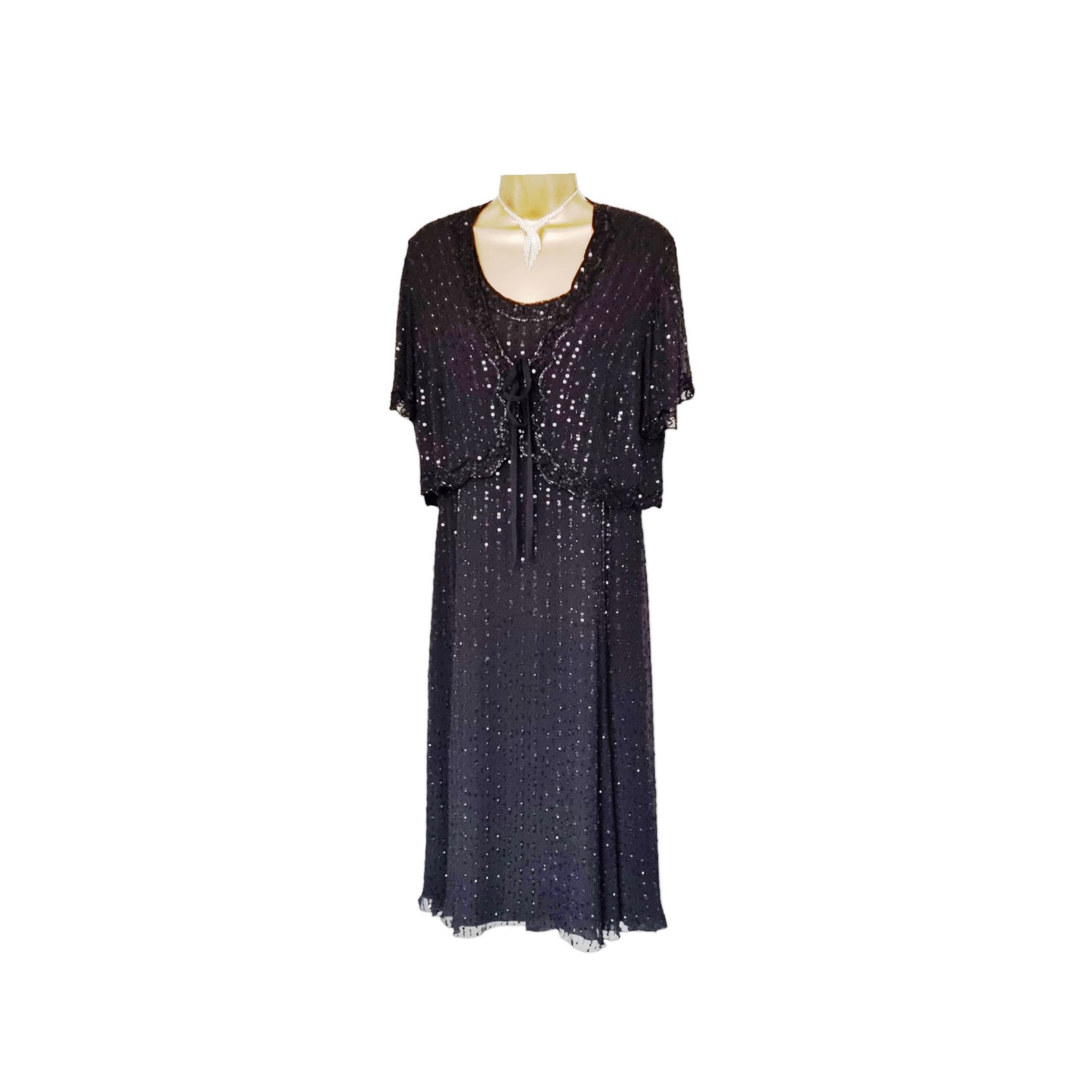 Caroline Charles Vintage Black Silk Sequin Dress & Bolero UK 16 US 12 EU 44 IT 48 Timeless Fashions