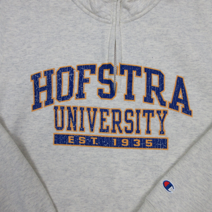Gray hoodie with 'Hofstra University' text and Champion logo.