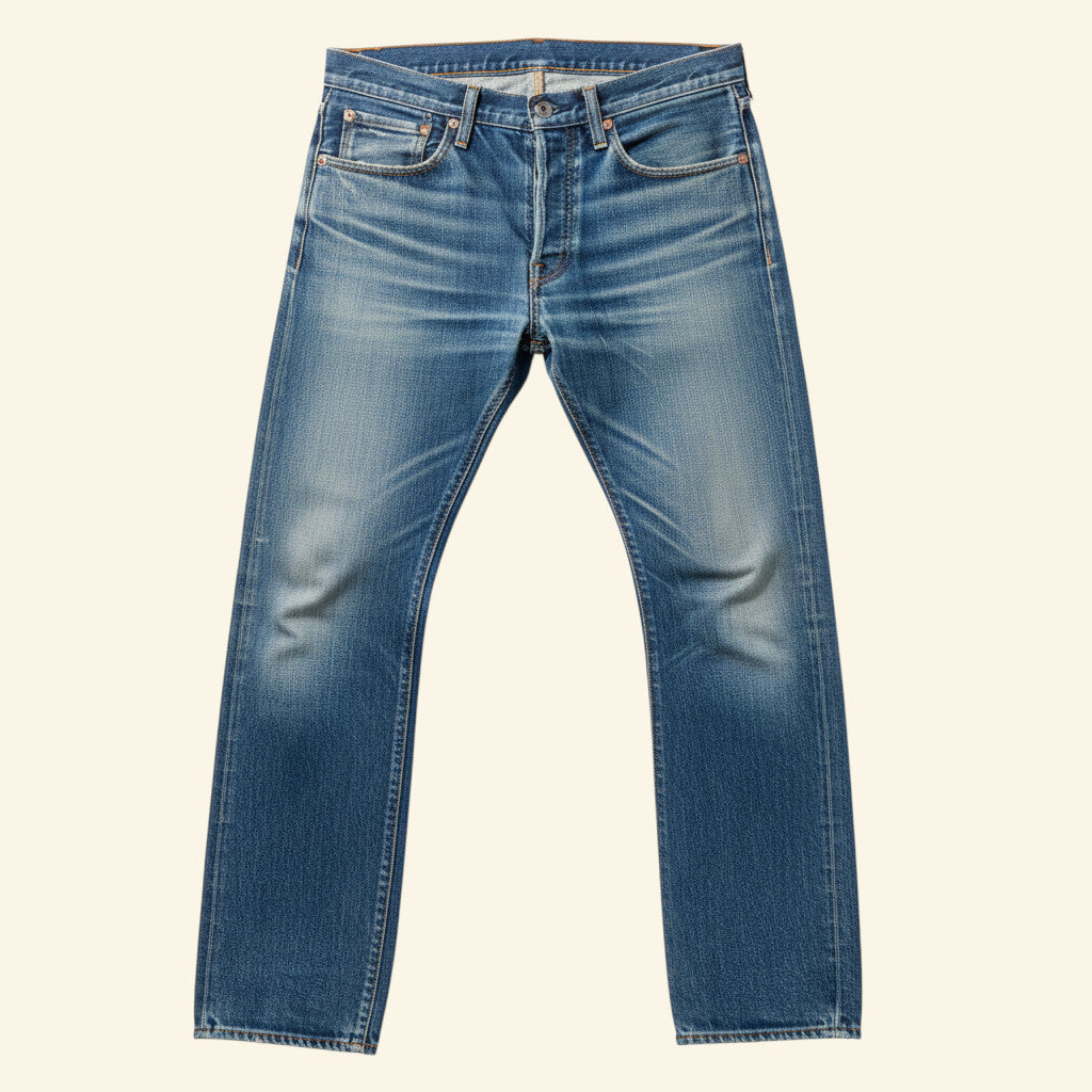 A pair of medium wash blue denim jeans with whiskering and subtle fading on the thighs, presented flat against a solid cream background.