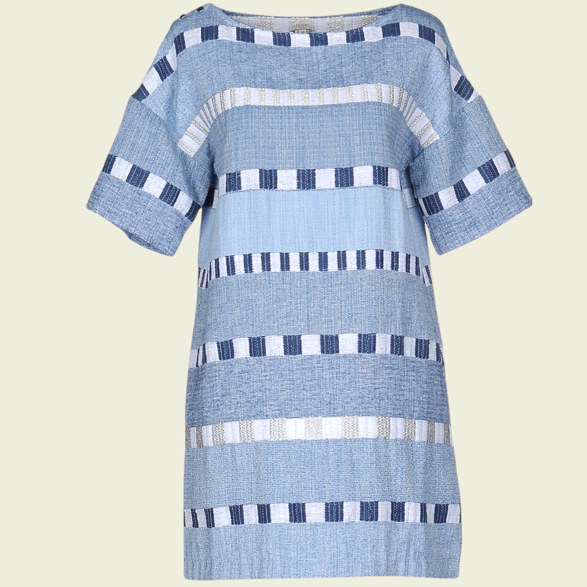 Blue and white striped dress on a light beige background