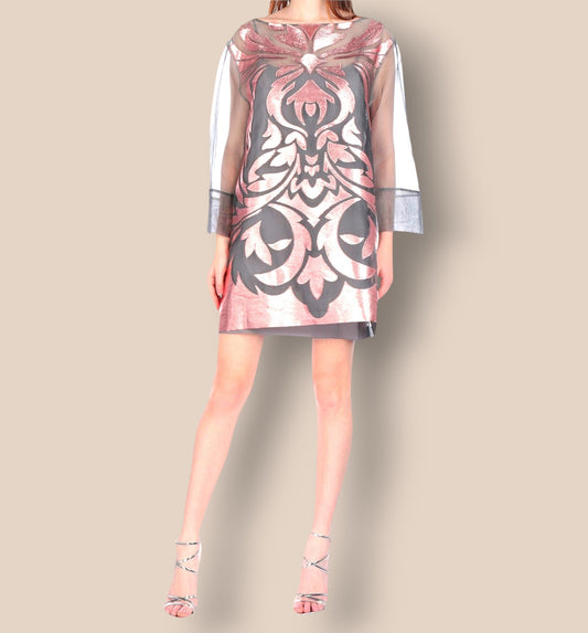 Alberta Ferretti Metallic Copper & Grey Sheer Organza Silk Dress UK 8 US 4 EU 36 Timeless Fashions
