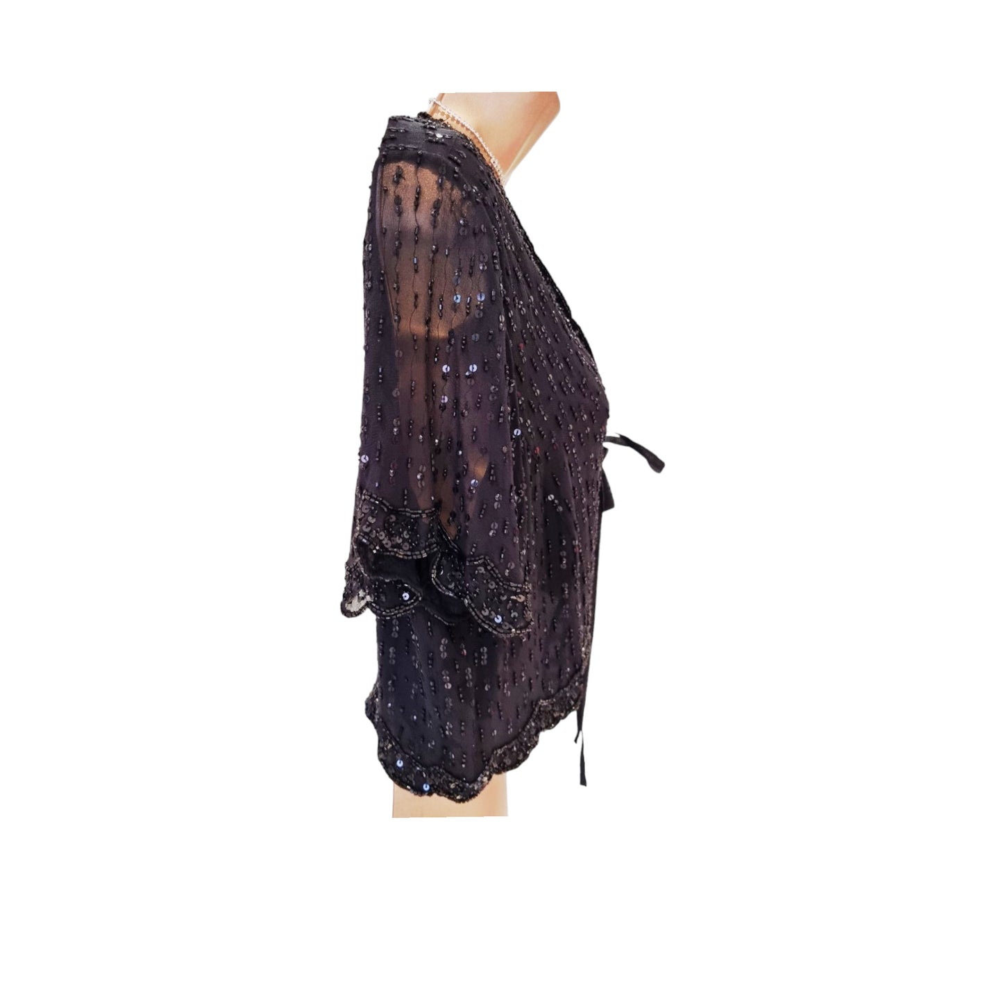 Caroline Charles Vintage Black Silk Sequin Dress & Bolero UK 16 US 12 EU 44 IT 48 Timeless Fashions