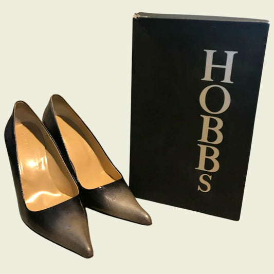 Brown high-heeled shoes with a 'Hobbs' branded box on a light background