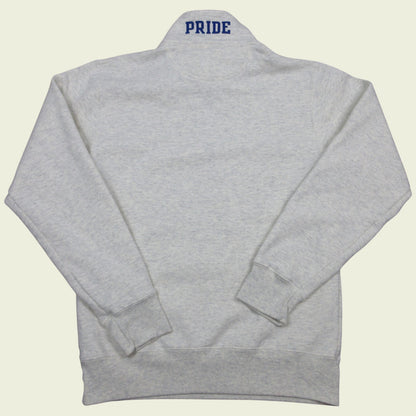 Gray sweatshirt with 'PRIDE' text on the back against a beige background
