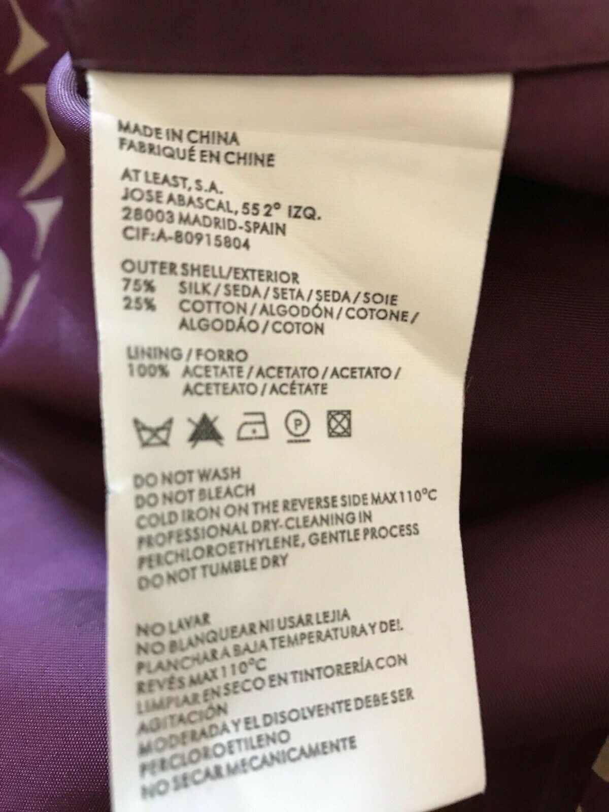 Clothing label with text on a garment