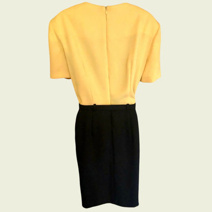 Joseph Ribkoff Vintage Yellow & Navy Short Sleeve Belted Dress UK 16 US 12 EU 44 - Timelessfashions
