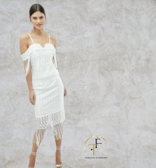 C By Cubic White Off The Shoulder Tassel Summer Dress UK 10 US 6 EU 38 BNWT RRP £89 Timeless Fashions