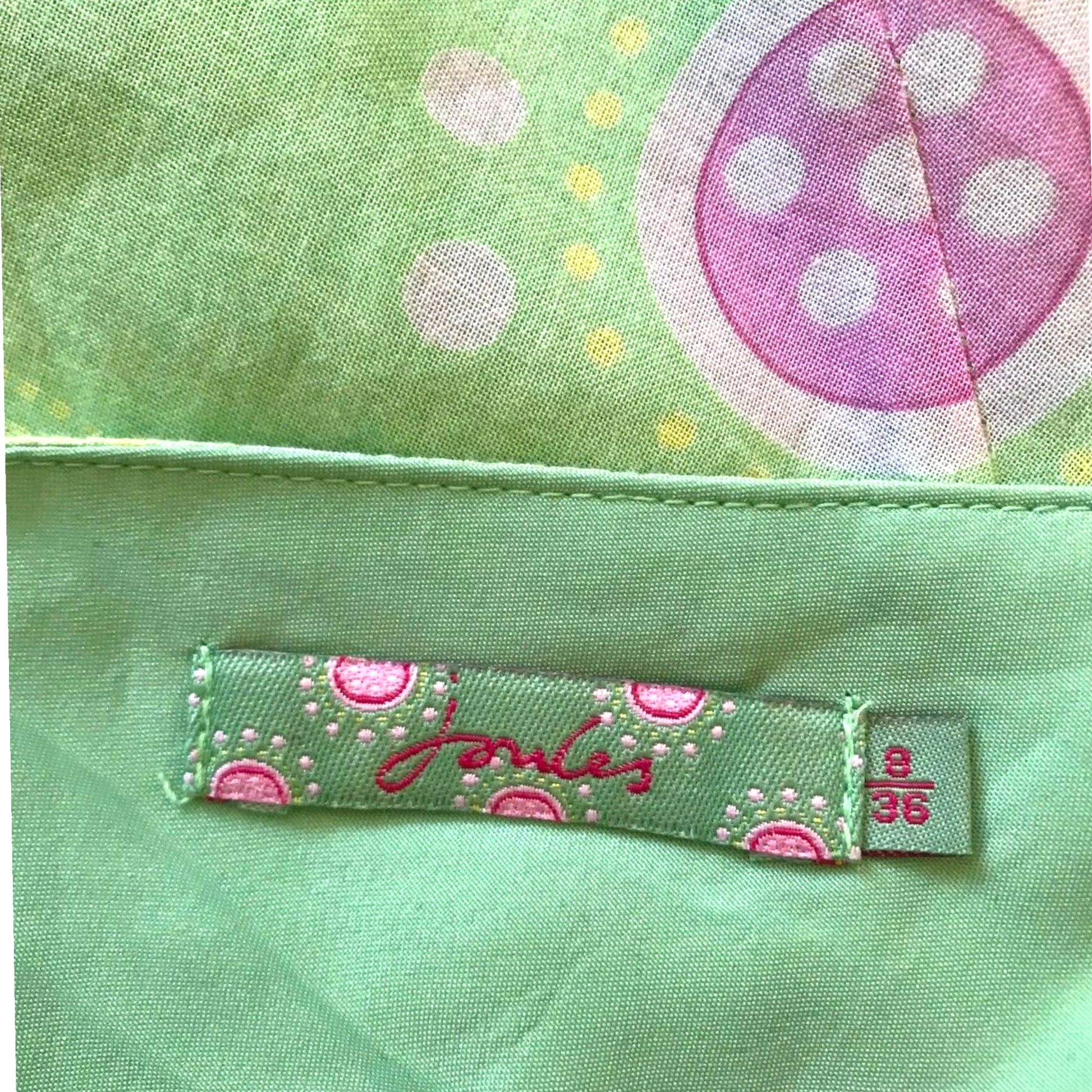 Close-up of a green fabric with a polka dot design and a label on a green background.