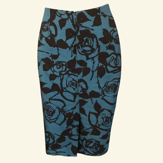 L.K. Bennett Teal & Black Floral Print Wool & Silk Skirt UK 8 US 4 EU 36 - Timelessfashions