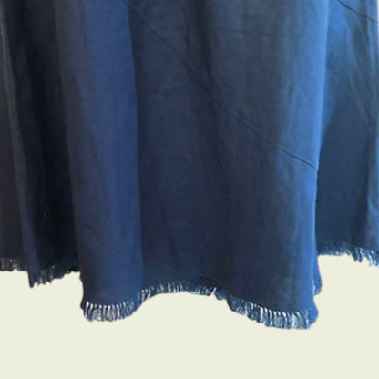 Teal fabric with frayed edge on a beige background