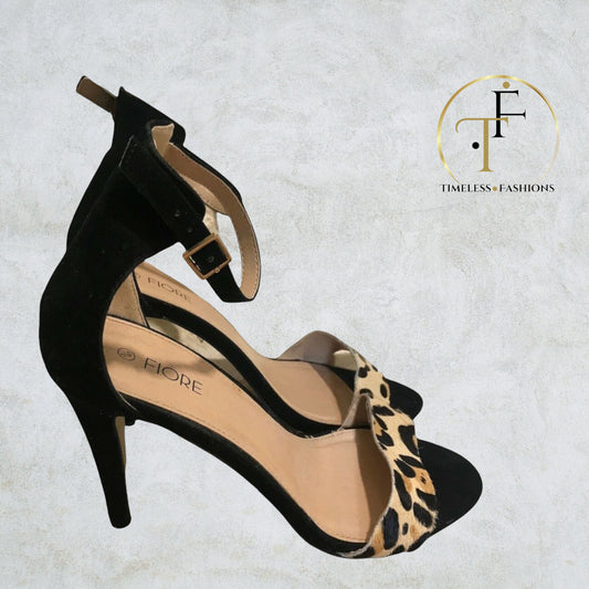 Fiore Black Faux Suede Animal Print Peep Toe Sandals UK 7 US 9.5 EU 41 Timeless Fashions