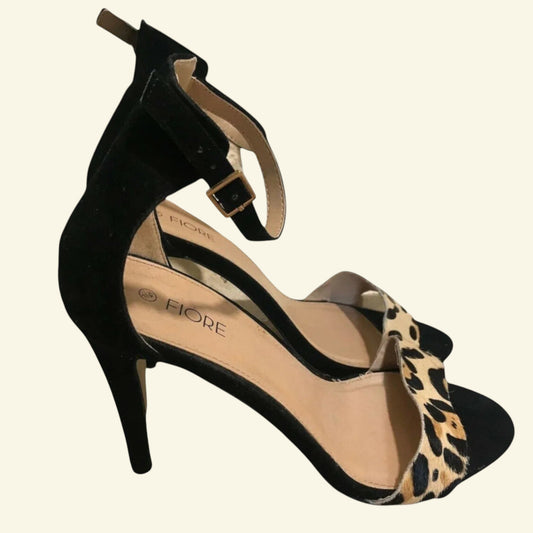 Fiore Black Faux Suede Animal Print Peep Toe Sandals UK 7 US 9.5 EU 41 - Timelessfashions