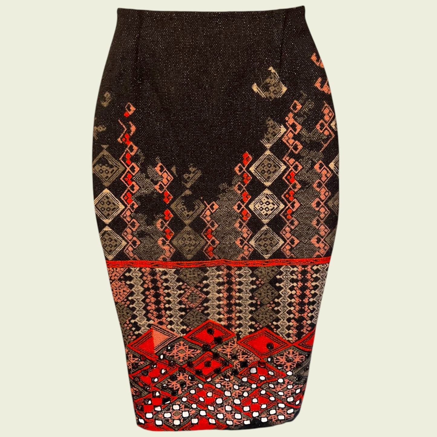 Patterned pencil skirt on a beige background