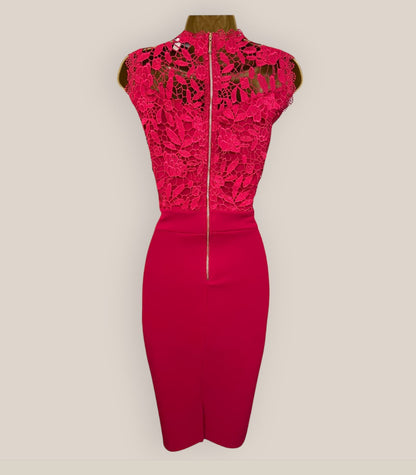 Coast Cerise Pink Crepe, Lace Bodice Pencil Dress UK 10 US 6 EU 38 Timeless Fashions