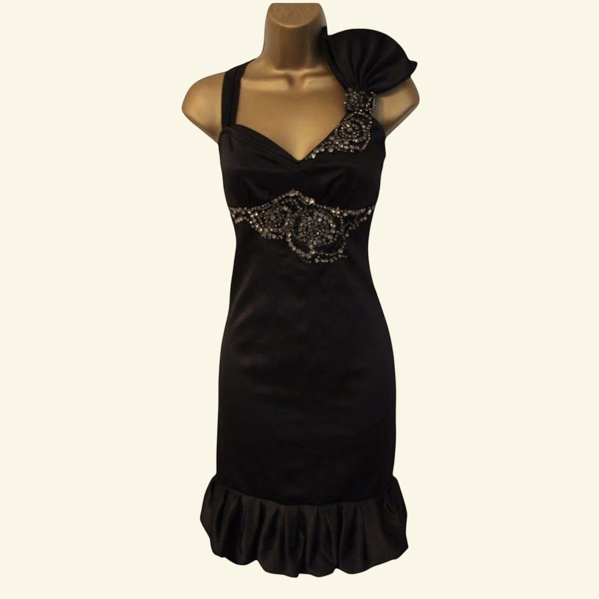 Karen Millen Black Satin Diamanté Bow Dress UK 12 US 8 EU 40 - Timelessfashions