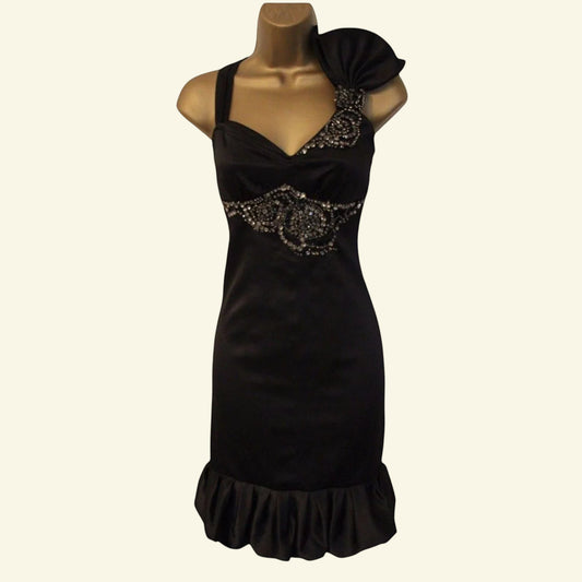 Karen Millen Black Satin Diamanté Bow Dress UK 12 US 8 EU 40 - Timelessfashions