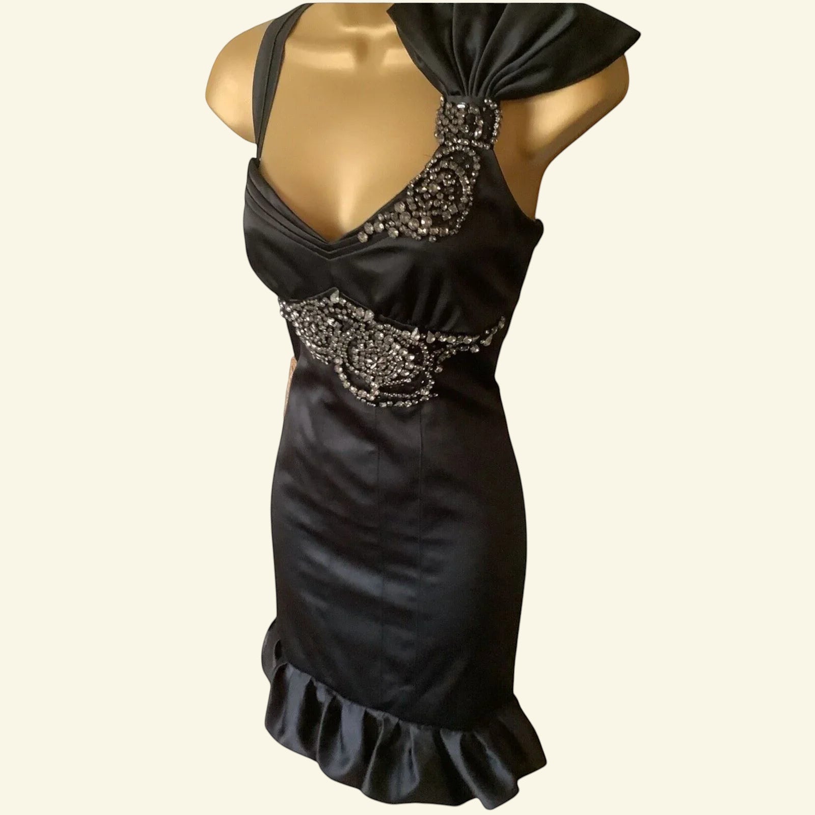 Karen Millen Black Satin Diamanté Bow Dress UK 12 US 8 EU 40 - Timelessfashions