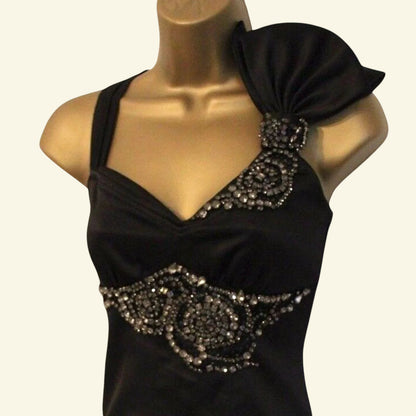 Karen Millen Black Satin Diamanté Bow Dress UK 12 US 8 EU 40 - Timelessfashions